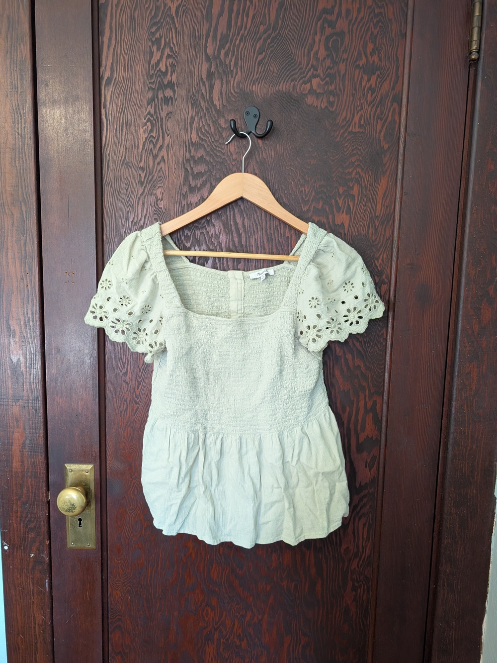 Madewell Light Sage Puff-Sleeve Eyelet Peasant Blouse